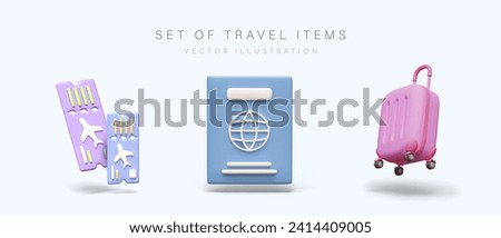 Set of thematic items, icons for travel. Realistic plane tickets, international passport, pink plastic suitcase. Modern tourist accessories. Color illustrations for travel agency, website Royalty-Free Stock Photo #2414409005