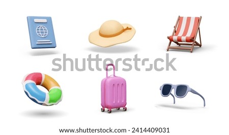 Set of tourist items. Vacationer accessories. 3D passport, sun hat, folding chair, plastic suitcase, sunglasses, inflatable color ring. Isolated vector Royalty-Free Stock Photo #2414409031