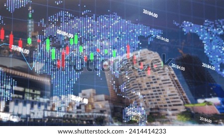 Fast changing stock market candlestick chart on holographic world map. Bright night view of the city. White clouds move quickly in the sky, Taipei.