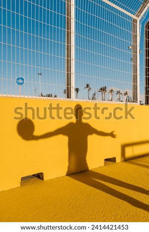 Shadow of young man holding basketball on yellow wall in sports court