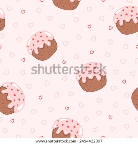 Vector illustration. Seamless pattern, Happy Valentine's Day. Cute pink background with cupcakes and hearts, love, happiness, templates, cards, wallpapers, for website, brochures, ads, social media