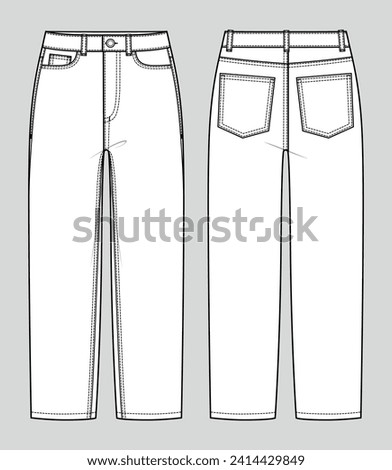 Baggy fit comfort jeans. High-waist regular fit trousers. Women's casual wear. Vector technical sketch. Mockup template. Royalty-Free Stock Photo #2414429849
