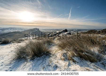 A rural Peak District National Park winter landscape scene. Panoramic view of Hen Cloud from The Roaches.