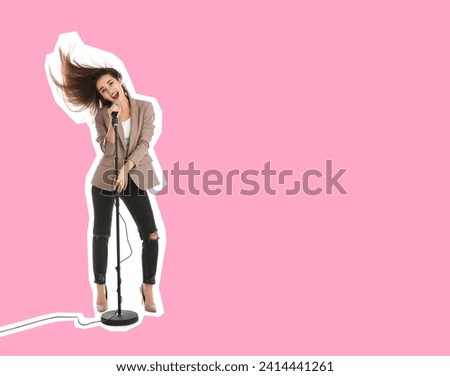 Pop art poster. Expressive woman with microphone singing on pink background. Space for text