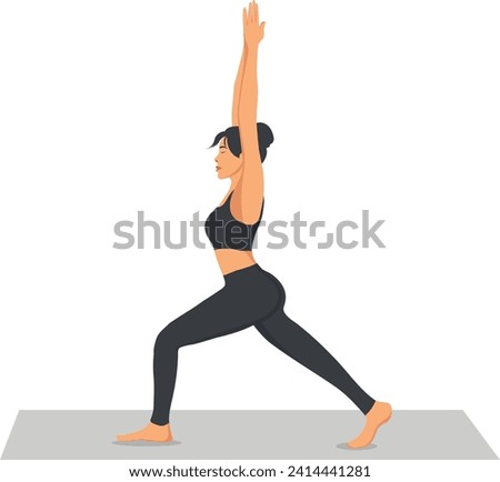 Crescent Pose, Crescent High Lunge Pose, Eight Point Crescent Moon Pose, Alanasan ,Young attractive woman practicing yoga exercise. working out, black wearing sportswear. Royalty-Free Stock Photo #2414441281