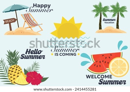 Colorful Summer Stickers Collection. Summer holidays design elements accessories, tropical plants, beach items, travel and sports objects, etc. Vector illustration