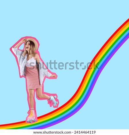 Pop art poster. Beautiful woman roller skating on rainbow against light blue background