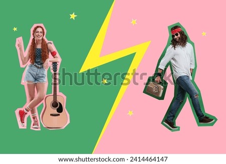 Pop art poster. Hippie man and woman on bright comic style background
