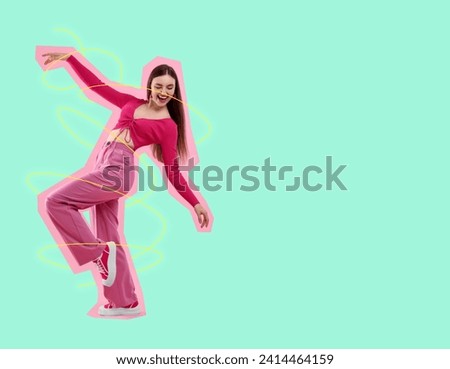 Pop art poster. Beautiful young woman in pink clothes dancing on aquamarine background. Space for text
