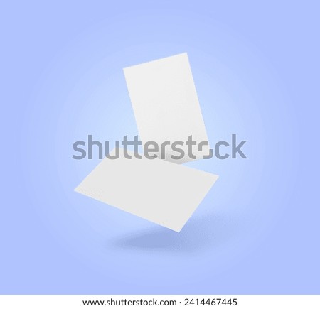 Blank business cards in air on light blue background. Mockup for design
