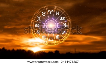 Concept of astrology and horoscope, person inside a zodiac sign wheel, Astrological zodiac signs inside of horoscope circle, Astrology, knowledge of stars in the sky, power of the universe concept. Royalty-Free Stock Photo #2414471667