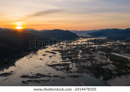 Aerial view of Mekong river with blue sky, a tourist attraction at Kaeng krabao, Mukdahan province Thailand.