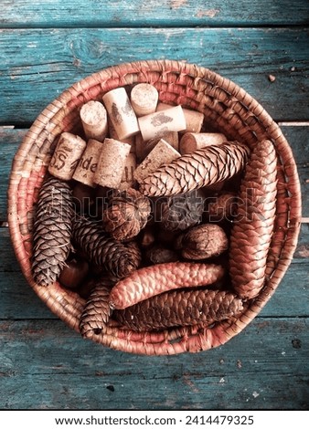A basket of wine corks, pine cones, and walnuts on a green wooden surface. A rustic and cozy scene with natural textures and colors.