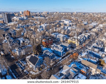 Cambridge historic residential area aerial view in winter near Cambridgeport in city of Cambridge, Massachusetts MA, USA. 