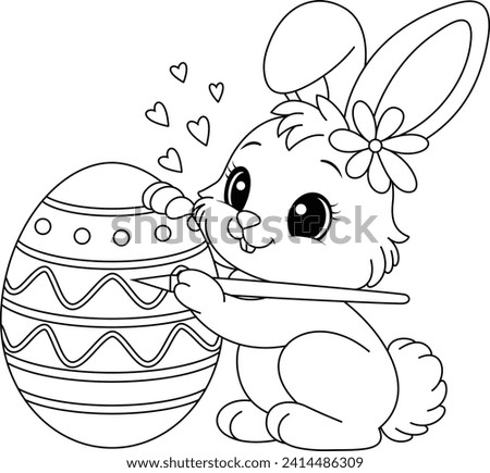 Happy little rabbit drawing Easter egg on an easel coloring page