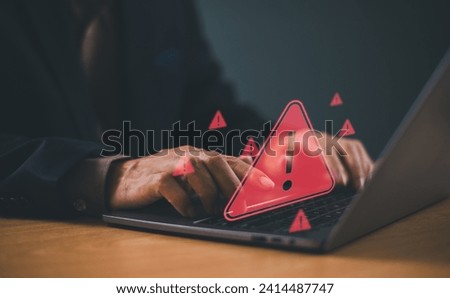 Danger system warning hacked alert on computer screen, cyber attack. Cybersecurity vulnerability identity technology internet, virus, data breach, malicious. Fraud cybercrime security attention
