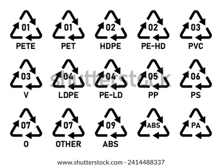 All plastic recycling code icon set. Plastic recycling code symbol icons isolated on white background. Plastic recycling codes- 01 PET, 02 HDPE, 03 PVC, 04 LDPE, 05 PP, 06 PS, 07 OTHER, 09 ABS, PA.