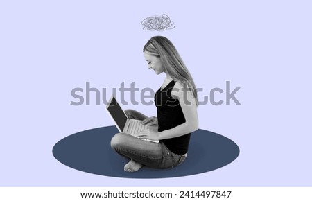 Photo collage  of addicted woman watching in laptop Royalty-Free Stock Photo #2414497847