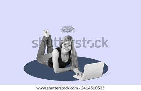 Photo collage  of addicted woman watching in laptop Royalty-Free Stock Photo #2414500535