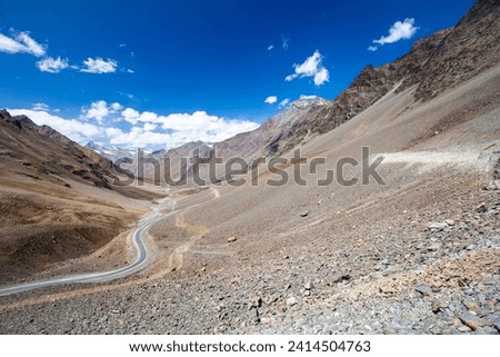 Landscape view along the way on Leh-Manali Highway, Beautiful mountain with clear blue sky, road in Leh Ladakh, India
