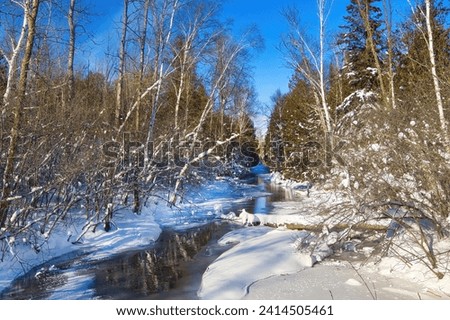 Sunny Winter day landscape of a small stream passing through a snow covered forest near Cave Point County Park in Door County, Wisconsin.