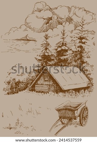 Rural scenery. Meadow, alkali, lye, grassland, pommel, lea, pasturage, farm. Rural scenery landscape panorama of countryside pastures. Vector sketch illustration
 Royalty-Free Stock Photo #2414537559