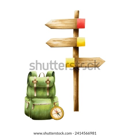 Watercolor wooden sign illlustration with hiking and camping backpack and compass. Direction indicators with arrow isolated on white background. Clip art for designers, travel business, postcards, scr