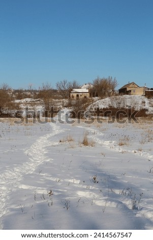A snowy field with trees and buildings