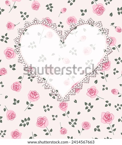 Seamless floral background with love heart in lace frame. Romantic print design, greeting card with place for text. Shabby chic style. Royalty-Free Stock Photo #2414567663