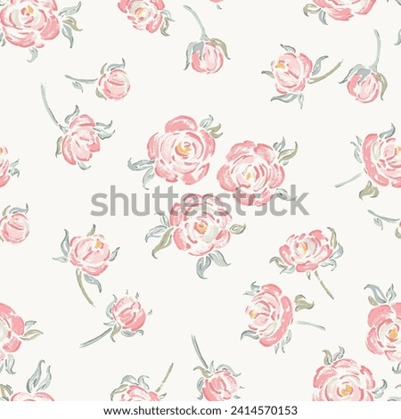 Pink Roses. Vector Rose Flower Seamless Pattern. Flowers and Leaves. Vintage Floral Background. Shabby chic Wallpaper. Millefleurs Liberty Style Design.
