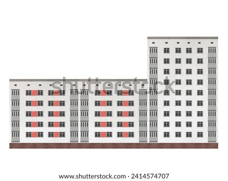 A white multi-story apartment building consisting of a low five-story section and a nine-story high section, isolated on white background. Royalty-Free Stock Photo #2414574707