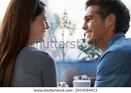 Cafe, relax and face of couple smile for romantic date, morning coffee break or enjoy conversation in restaurant. Relationship partner, eye contact or profile of woman talking with boyfriend in diner Royalty-Free Stock Photo #2414584413
