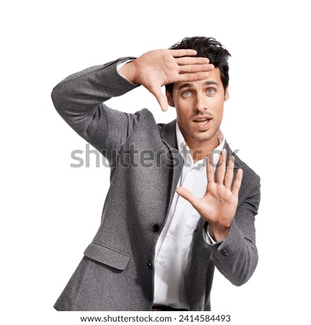 Hands, selfie frame and portrait of business man in studio for photography on white background. Finger, border and face of male entrepreneur with social media, profile picture or screenshot of memory