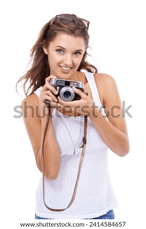 Photographer, woman and portrait with retro camera in studio for photoshoot, content creation and paparazzi magazine on white background. Happy journalist, photography or lens for creative production