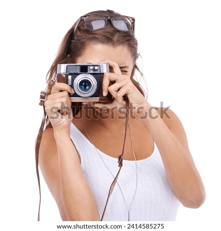 Woman, photographer and retro camera in studio for creative media, content creation and paparazzi magazine on white background. Journalist, photography and lens for art production, blog or photoshoot