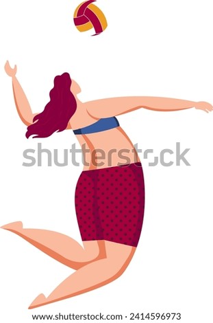 Young woman playing volleyball, jumping action, dynamic beach sport. Athlete in summer game hitting ball, active lifestyle vector illustration.