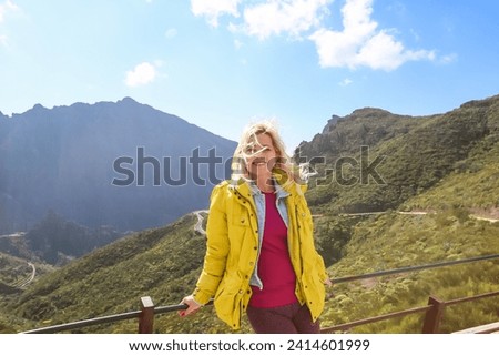woman on Mountain village Masca on Tenerife, Spain. Tenerife landmark landscape Royalty-Free Stock Photo #2414601999