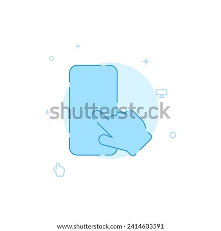 Smartphone with hand vector icon. Flat illustration. Filled line style. Blue monochrome design. Editable stroke. Adjust line weight.