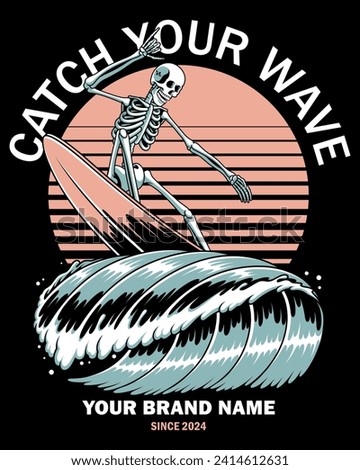 Vector illustration skull surfing on big waves