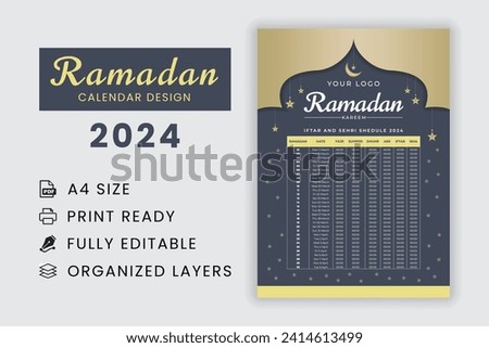 Ramadan Kareem calendar Planner 2024. Ramadan Prayer Timing Calendar 2024. Iftar and Prayer timetable. Royalty-Free Stock Photo #2414613499