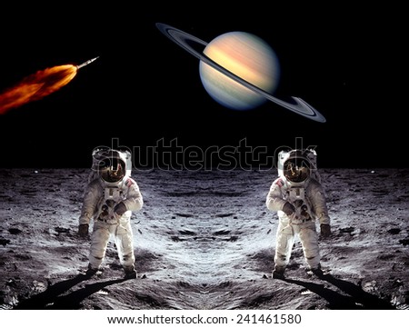 Astronauts Saturn planet spaceman rocket Moon. Elements of this image furnished by NASA.