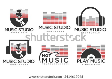 set of Music logo template.spectrum, vinyl record,microphone, and headphone icon.vector illustration