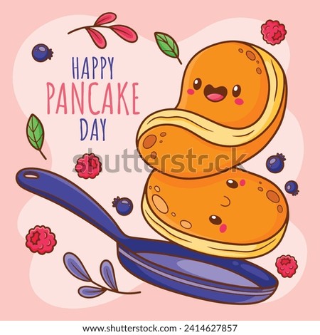 Happy pancake day. pancake day background. National Pancake Day. Cartoon Vector illustration design Template for Poster, Banner, Flyer, Card, Post, Cover. Pancakes stack with berries or honey. Royalty-Free Stock Photo #2414627857