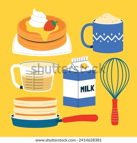 pancakes illustration. Cartoon pancakes. Stacks of tasty pancakes with maple syrup, butter, chocolate syrup, fruits and jam. Delicious breakfast food. vector illustrations. Royalty-Free Stock Photo #2414628381
