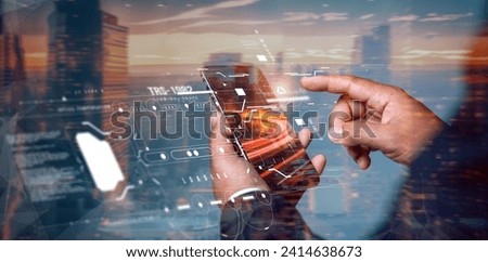 Business with technology, software development, IoT concept. man programmer, software developer working on smartphone and smart city, Accessing digital information with AI processing. Double exposure.