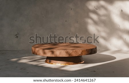 Chic elegance: Dark wood platter with hammered metal-like carving, conical wooden base with a brass rim. Bathed in window light, leafy shadows dance. Elevate your product presentation. Royalty-Free Stock Photo #2414641267