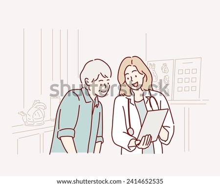 This might help you understand the condition better. Shot of a young doctor using a digital tablet during a consultation with a senior woman. Hand drawn style vector design illustrations. Royalty-Free Stock Photo #2414652535
