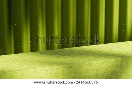 Verdant elegance: A concrete ledge in lush green, bathed in sunlight against a textured corrugated wall. Soft shadows and whimsical dust create an enchanting scene for unique product placement. Royalty-Free Stock Photo #2414660375