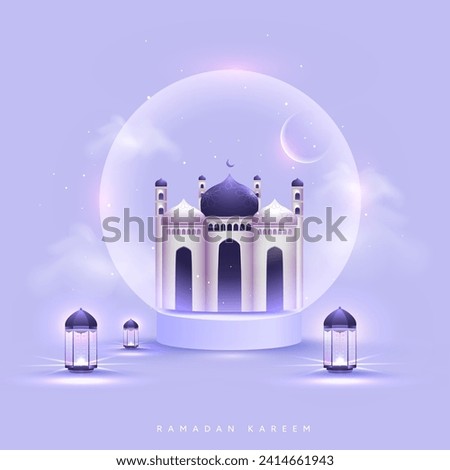 Ramadan Kareem Celebration Concept with 3D Exquisite Mosque, Crescent Moon Inside Glass Globe and Illuminated Lanterns on Pastel Purple Background. Royalty-Free Stock Photo #2414661943