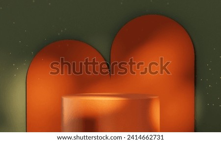 Embrace retro allure: An orange cylindrical platform against a deep green backdrop, adorned with playful pill-shaped elements. Soft shadows, dancing dust particles. Product placement that stands out. Royalty-Free Stock Photo #2414662731